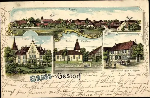 Litho Gestorf Springe am Deister, Schloss, Kirche, Pfarrhaus, Gastwirtschaft u. Post H. Wegener