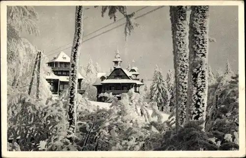 Ak Pustevny Pustevně na Radhošti Region Zlin, Blick auf den Ort, Winterszene