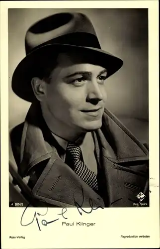 Ak Schauspieler Paul Klinger, Portrait mit Hut, Autogramm