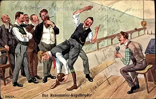 Künstler Ak Bauer, O., Der Renommier Kegelbruder, Männer auf der Kegelbahn, Kegeln