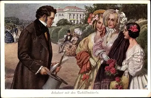 Künstler Ak Österr. Komponist Franz Schubert mit den Tschöllermäderln