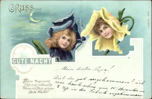 Litho Gute Nacht, Frauenportraits in Blüten, Kitsch, vermenschlichte Stiefmütterchen