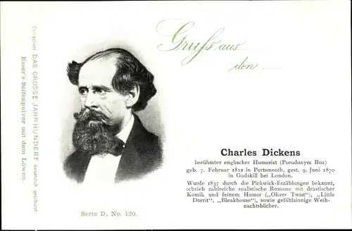 Ak Schriftsteller Charles Dickens, Oliver Twist, Reklame, Esser's Seifenpulver