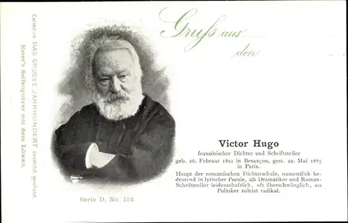 Ak Victor Hugo, französischer Dichter und Schriftsteller, Portrait, Reklame, Esser's Seifenpulver