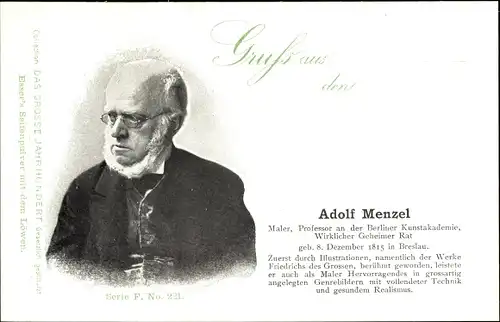 Ak Adolph von Menzel, Maler, Wirklicher Geheimer Rat, Portrait, Reklame, Esser's Seifenpulver