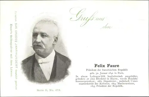 Ak Félix Faure, Französischer Staatspräsident, Portrait, Esser's Seifenpulver