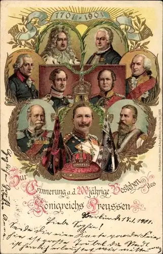 Präge Litho 200 Jahre Königreich Preußen 1701-1901, Kaiser Wilhelm II, König Friedrich II