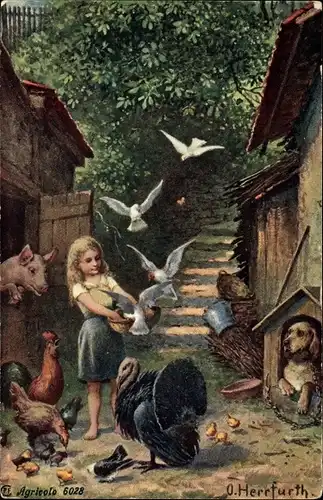 Künstler Ak Herrfurth, Oskar, Mädchen füttert Tiere, Pute, Schwein, Tauben, Hund, Hühner