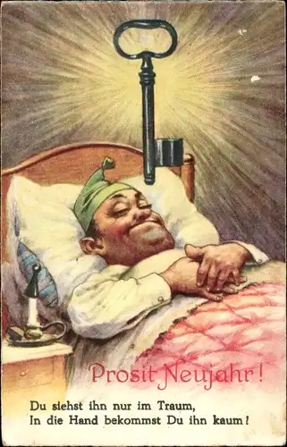 Ak Glückwunsch Neujahr, Mann träumt von Schlüssel