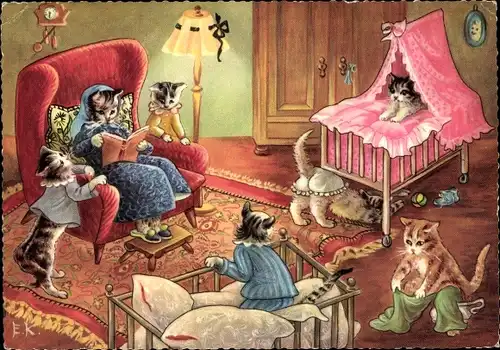 Künstler Ak Vermenschlichte Katzen, Nachttopf, Katzenmutter, Kinder