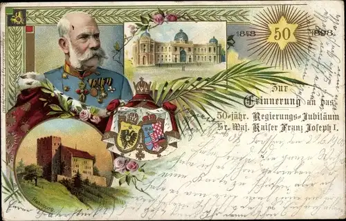 Wappen Litho Kaiser Franz Joseph I., 50 jähriges Regierungsjubiläum 1898, Habsburg