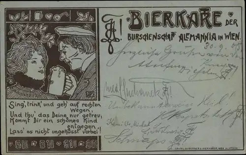 Jugendstil Studentika Ak Wien, Bierkarte der Burschenschaft Alemannia