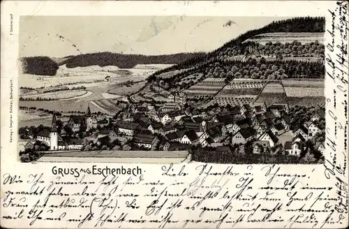 Litho Eschenbach Pommelsbrunn in Mittelfranken, Totalansicht der Ortschaft