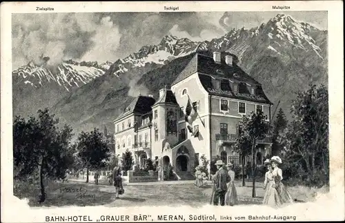 Künstler Ak Reisch, Meran Merano Südtirol, Bahnhotel Grauer Bär