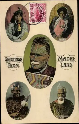 Ak Neuseeland, Greetings from Maori Land, Portraits
