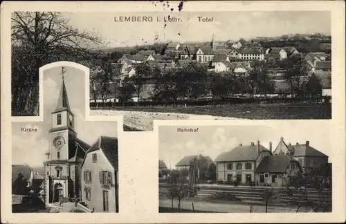 Ak Lemberg Lothringen Moselle, Bahnhof, Kirche, Gesamtansicht