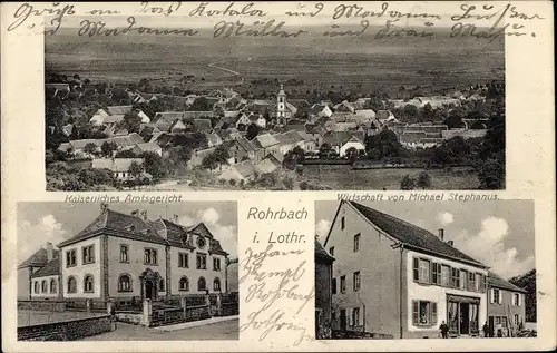Ak Rohrbach lès Bitche Lothringen Moselle, Gesamtansicht, Amtsgericht, Wirtschaft Michael Stephanus