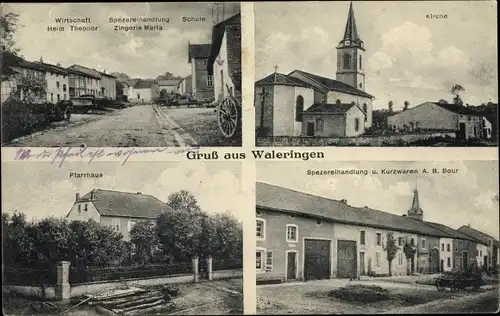 Ak Waleringen Lothringen Moselle, Wirtschaft Helm. Theodor, Spezereihandlung, Pfarrhaus, Kirche