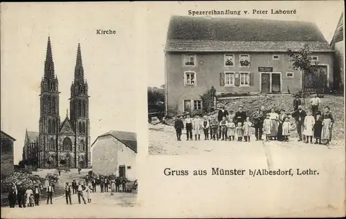 Ak Münster bei Albestroff Albesdorf Moselle, Spezereihandlung von Peter Labouré, Kirche