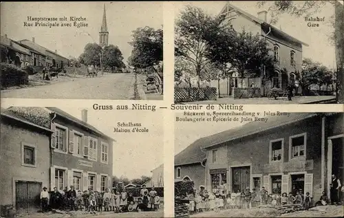 Ak Nitting Moselle, Hauptstraße mit Kirche, Bahnhof, Spezereihandlung Jules Remy, Schulhaus
