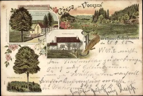 Litho Gutenbrunnen Lothringen Moselle, Kirche, Forsthaus