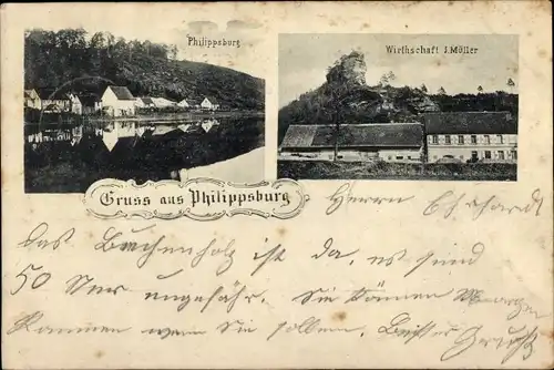 Ak Philippsbourg Philippsburg Lothringen Moselle, Teilansicht, Wirtschaft Müller