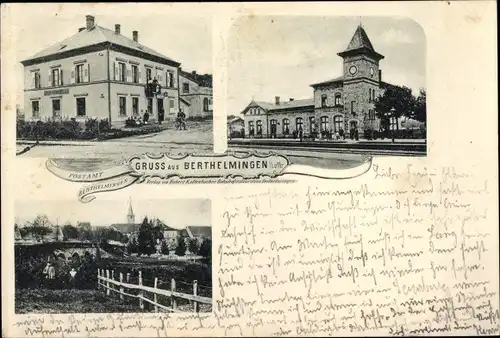 Ak Berthelming Lothringen Moselle, Bahnhof, Postamt