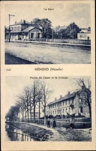 Ak Héming Moselle, La Gare, Partie du Canal et la Colonie