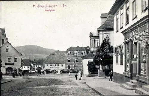 Ak Hildburghausen Thüringen, Hirschplatz, Gasthaus, Limonaden Geschäft Carl Hübner