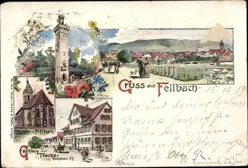 Künstler Litho Fuchs, Karl, Fellbach in Baden Württemberg, Kirche, Gasthaus zur Traube, Totale