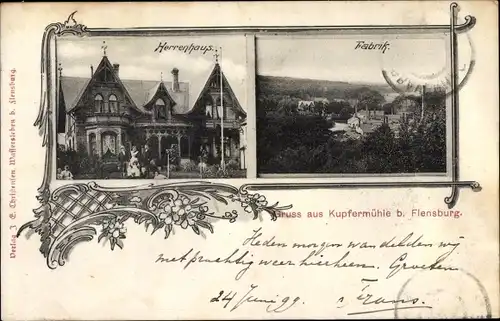 Ak Kupfermühle Harrislee in Schleswig Holstein, Herrenhaus, Fabrik