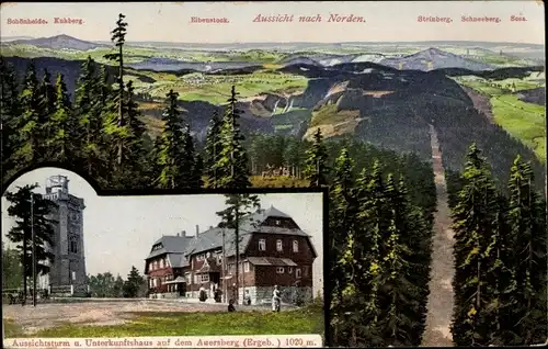 Ak Wildenthal Eibenstock im Erzgebirge, Aussichtsturm und Unterkunftshaus auf dem Auersberg, Gebirge