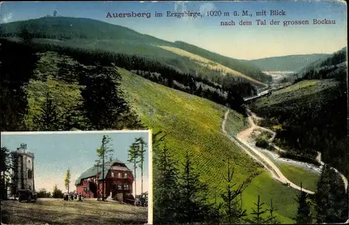 Ak Wildenthal Eibenstock im Erzgebirge, Auersberg, Aussichtsturm, Unterkunftshaus, Tal