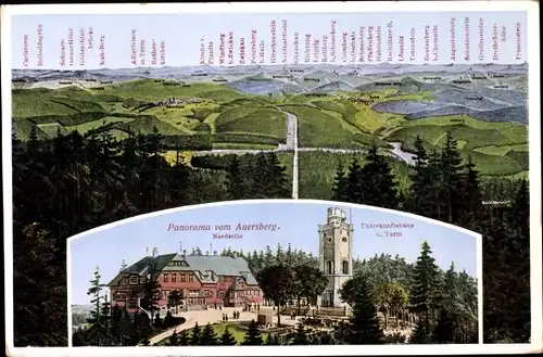 Ak Wildenthal Eibenstock im Erzgebirge, Panorama vom Auersberg, Unterkunftshaus und Turm, Max Teller