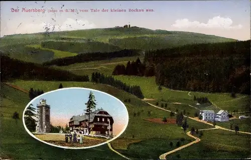 Ak Wildenthal Eibenstock im Erzgebirge, Auersberg, Aussichtsturm und Unterkunftshaus, Tal