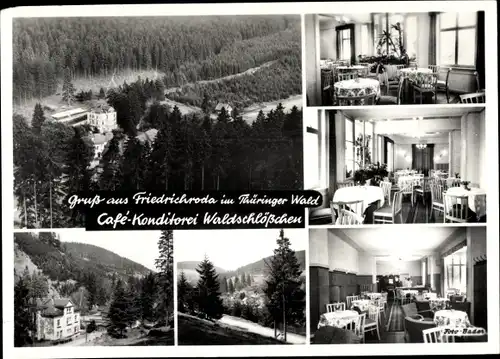 Ak Friedrichroda im Thüringer Wald, Cafe Konditorei Waldschlößchen, Innenansichten, Panorama
