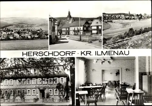 Ak Herschdorf Großbreitenbach in Thüringen, Kulturhaus, Außenansicht, Innenraum, Panorama