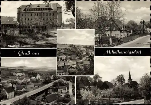 Ak Mittelherwigsdorf in der Oberlausitz, Altersheim, Kirche, Panorama