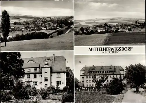 Ak Mittelherwigsdorf Oberlausitz, Gesamtansicht, Gemeindeamt, Feierabendheim