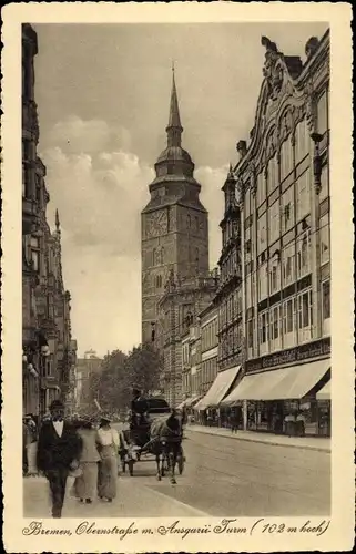 Ak Hansestadt Bremen, Obernstraße mit Ansgarii-Turm, Kutsche, Passanten