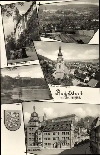 Ak Rudolstadt in Thüringen, Schloss Heidecksburg, Wappen, Neues Rathaus, Blick vom Schlosspark