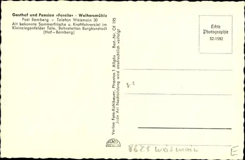 Ak Weihersmühle Weismain Oberfranken, Gasthof und Pension Forelle, Blick ins Tal