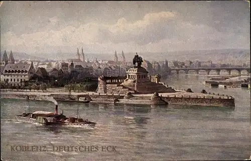 Künstler Ak Koblenz am Rhein, Deutsches Eck, Kaiser Wilhelm Denkmal