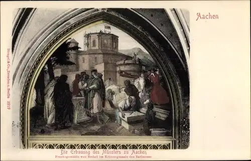 Ak Aachen in Nordrhein Westfalen, Freskogemälde im Krönungssaal des Rathauses, Erbauung des Münsters