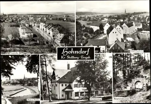Ak Hohndorf im Erzgebirge, Poststraße, AWG Siedlung, Kirche, Walderholung, Bergmannsbrunnen