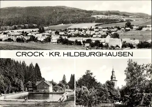 Ak Crock Auengrund in Thüringen, Panorama, Kirchturm, Freibad