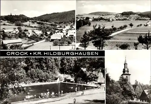 Ak Crock Auengrund in Thüringen, Panorama, Kirchturm, Freibad