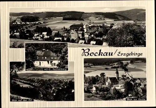 Ak Bockau im Erzgebirge, HO-G. Rechenberg, Blick zur Kirche, Blick auf den Ort