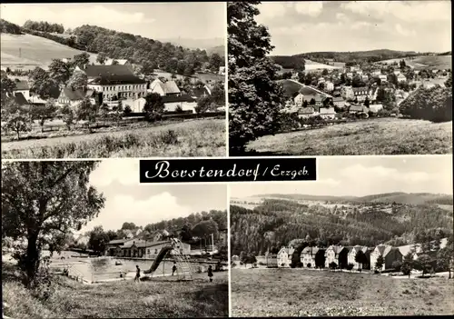 Ak Borstendorf Grünhainichen Sachsen, Panorama vom Ort, Teilansichten, Freibad