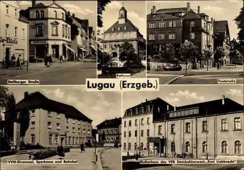Ak Lugau in Sachsen, VVN Ehrenmal, Bahnhof, Sparkasse, Kulturhaus VEB Karl Liebknecht, Rathaus